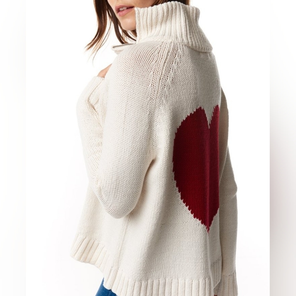 Lisa Todd Love You Back Red Heart Cotton Zipper Mockneck Sweater in Snow Size XS